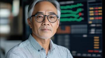 Professional man with glasses in front of financial data screens, exuding confidence and focus photo
