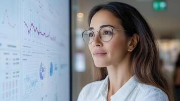 focused professional analyzing data trends on digital screen, showcasing insights and analytics photo