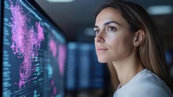 focused professional analyzing data on large screen photo