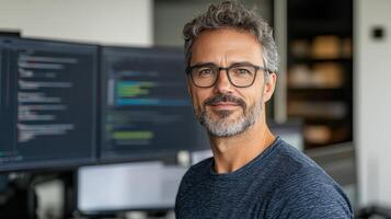confident professional man with glasses working modern office environment, focused digital tasks photo