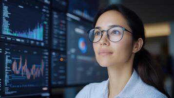 Analyzing data trends with focus and determination, professional woman engages with digital photo