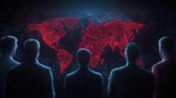 group of professionals observes glowing world map, highlighting global connections and data photo