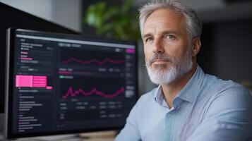 Professional man with gray hair and beard, focused on digital analytics screen photo
