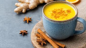 cozy cup of turmeric golden milk with spices and ginger, perfect for relaxation photo