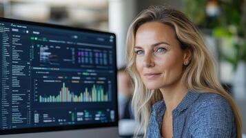Professional woman analyzing data on computer screen, showcasing digital analytics and insights photo