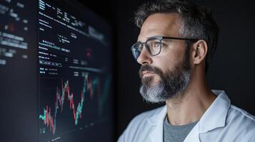 financial analyst examining futuristic digital dashboard with stock market data, showcasing deep photo