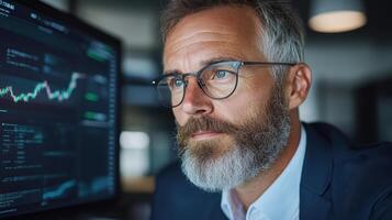Focused financial analyst examining data digital dashboard, showcasing market trends and photo