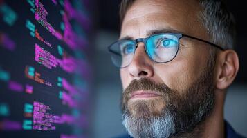 Focused financial analyst studying digital stock market data with intense concentration photo