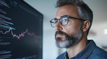 focused financial analyst examines data trends on digital screen, showcasing analytical skills photo