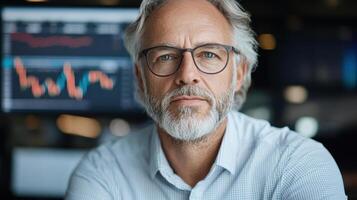 Professional financial analyst with gray hair and glasses, focused on market trends photo