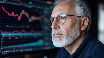 Focused financial analyst observing market trends and data on screen photo