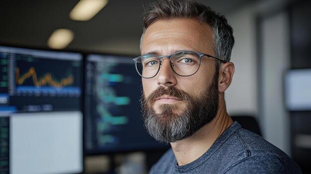 focused financial analyst working in office, analyzing market trends and data photo