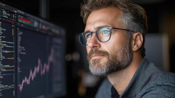 Focused financial analyst analyzing market trends and data on computer screen photo