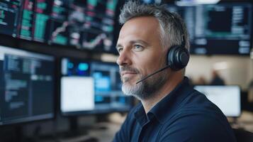 Professional financial analyst working in modern trading room, focused on market data photo
