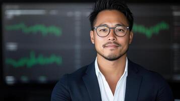 Professional man in suit with glasses, standing confidently in front of financial data charts photo