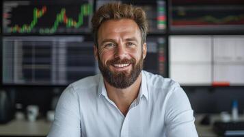 Professional financial analyst smiling front of stock market screens, showcasing confidence and photo