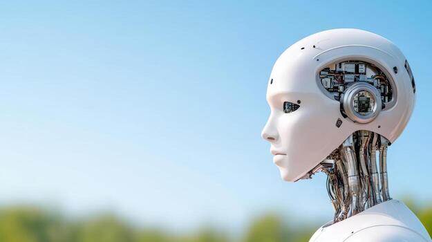 Futuristic robot head with visible circuitry against clear blue sky, symbolizing technology and photo