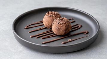 Indulge rich chocolate truffles elegantly presented sleek plate, perfect for dessert lovers photo
