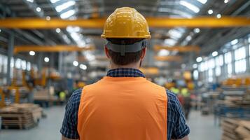 worker in safety helmet and vest observes production area in factory photo