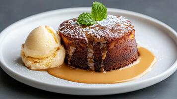 Decadent molten cake with ice cream and caramel sauce, garnished with mint leaves photo