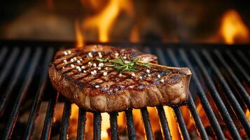 Grilled steak with herbs over glowing embers, showcasing delicious meal photo