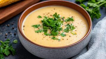 Creamy vegetable soup garnished with fresh herbs in rustic bowl, perfect for cozy meal photo