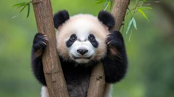 cute panda resting on tree, surrounded by lush greenery, evokes sense of tranquility and joy photo