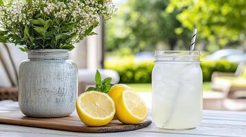 Refreshing lemonade with lemons and vase of flowers photo