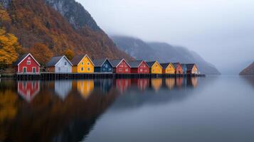 Colorful houses by calm water reflect serene autumn landscape photo