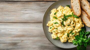 Creamy scrambled eggs with fresh herbs served alongside slices of bread create delightful photo