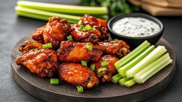 Crispy buffalo wings served with celery sticks and dipping sauce create delicious meal photo