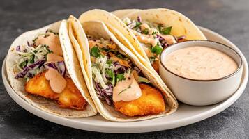 Crispy fish tacos served with creamy sauce and fresh toppings create delightful meal experience photo