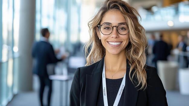 Confident professional woman smiling at business event, showcasing networking skills and style photo