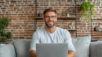 professional man working remotely in stylish coworking space, smiling happily photo