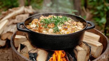 rustic outdoor cooking scene featuring cast iron pot filled with delicious food, simmering over photo