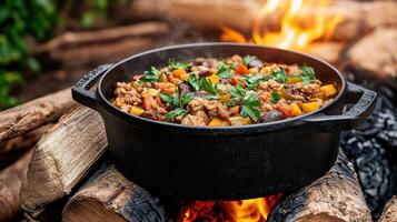 rustic outdoor cooking scene featuring cast iron pot filled with colorful vegetable and meat photo
