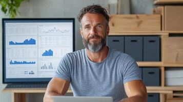 business executive analyzing data laptop with charts background, showcasing focus and photo
