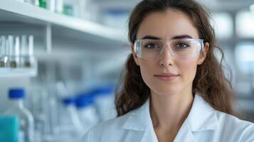 scientist in lab wearing protective eyewear, focused on her research and analysis photo