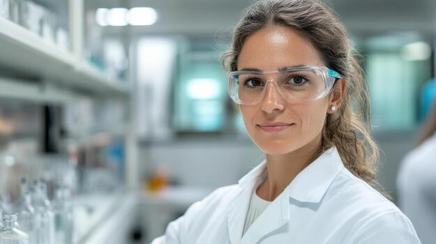 scientist in lab wearing protective eyewear, focused on her work with precision photo