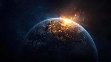 stunning view of Earth from space, showcasing illuminated cities and vibrant atmosphere photo