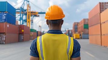 worker in safety vest and hard hat stands in shipping yard, overseeing cargo containers photo