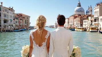 couple stands together, gazing beautiful canals of Venice, surrounded by historic architecture photo