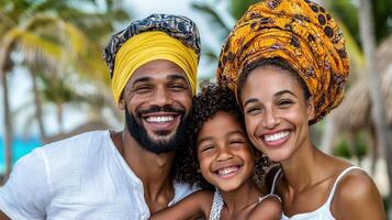 Happy family enjoying sunny day at beach, wearing colorful head wraps and smiling joyfully photo