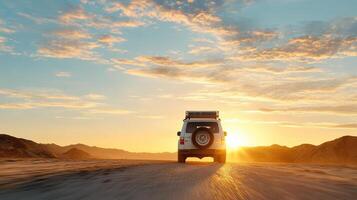 family car drives into nostalgic sunset, creating warm and serene atmosphere photo