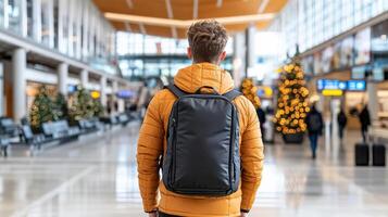 traveler in stylish orange jacket stands in airport terminal, ready for adventure photo