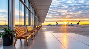 serene airport terminal at sunrise, featuring wooden benches and planes lined up outside photo
