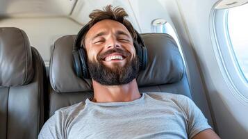 Relaxed passenger enjoying music flight, smiling with headphones on, creating joyful atmosphere photo