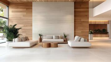 Modern lounge area with minimalist furniture, wooden accents, and natural light creating serene photo