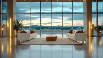serene airport lounge with modern sofas, soft lighting, and beautiful sunset view photo