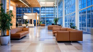 serene airport lounge featuring modern design, comfortable seating, and large windows photo